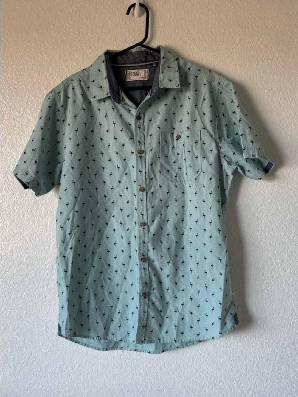 Free Planet Men's Mint Green Flamingo Print Short Sleeve Button Down Shirt Sz L